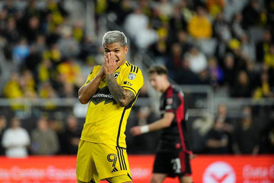 Apr 6, 2024; Columbus, OH, USA; Columbus Crew forward Cucho Hernandez (9) reacts in the second half against D.C. United at Lower.com Field. Mandatory Credit: Adam Cairns-The Columbus Dispatch