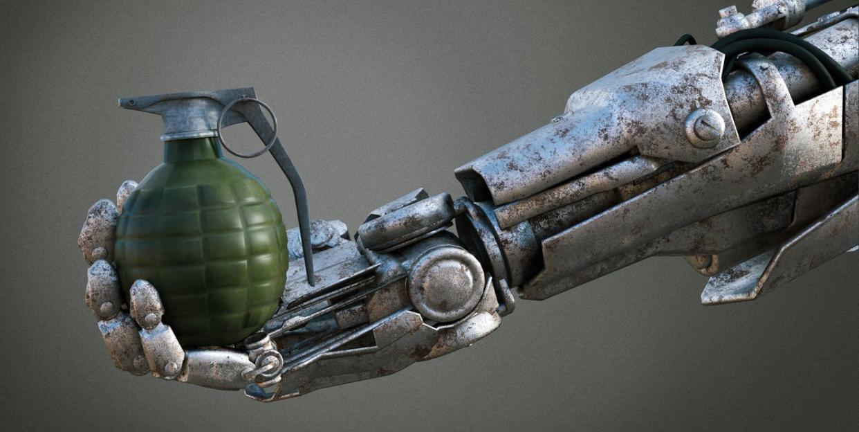 3d rendering of robot hand holding grenade