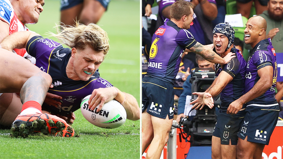 The Melbourne Storm (pictured right) celebrate and Ryan Papenhuyzen (pictured left) scores a try.