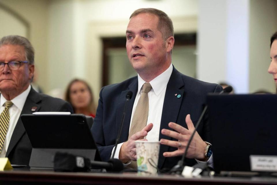 Sen. Whitney Westerfield speaks about the CARR (Crisis Aversion and Rights Retention) bill during the Interim Joint Committee on Judiciary in Frankfort, Ky., Friday, December 15, 2023.