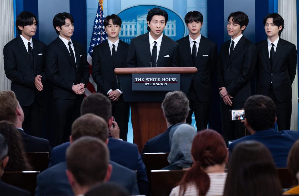 BTS members RM speaks at the daily press briefing iat the White House as they visit to discuss Asian inclusion, representation, anti-Asian hate crimes and discrimination.