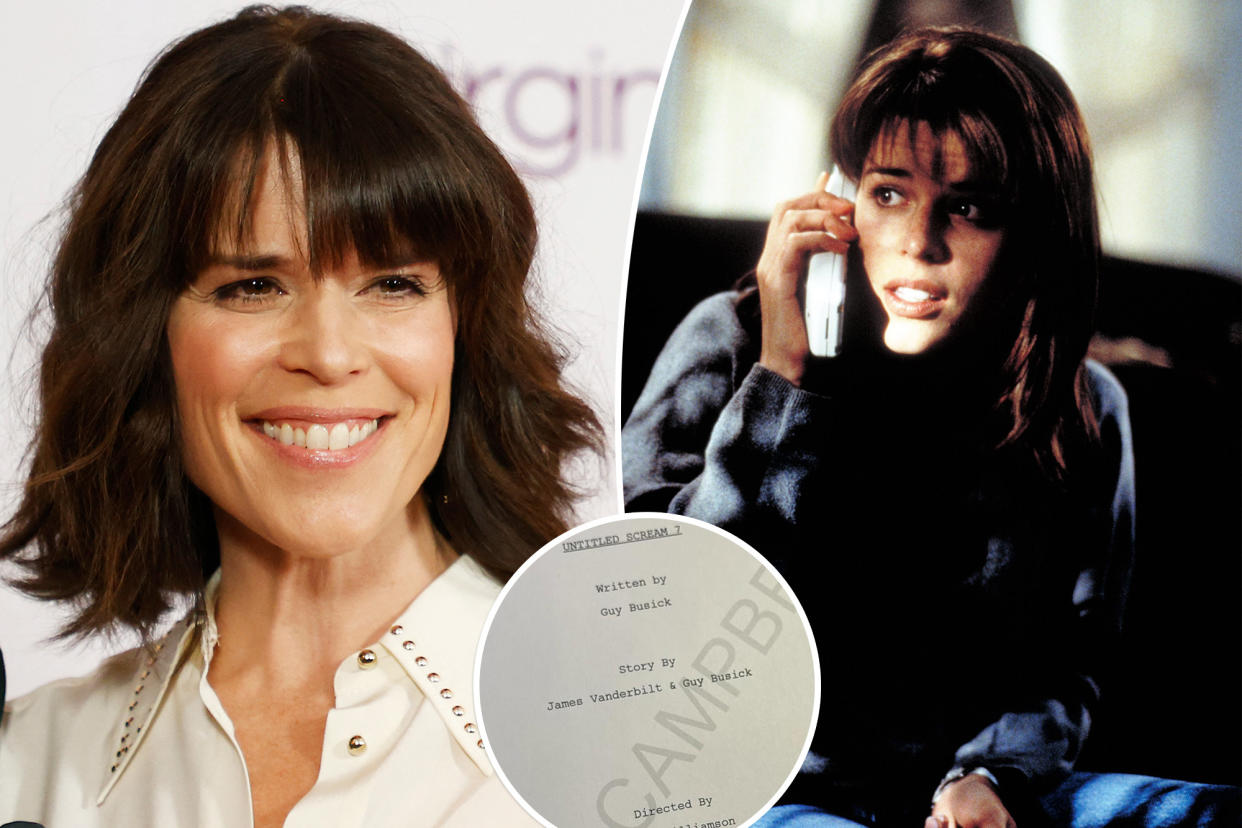 Neve Campbell and a picture of the actress as Sidney in Scream