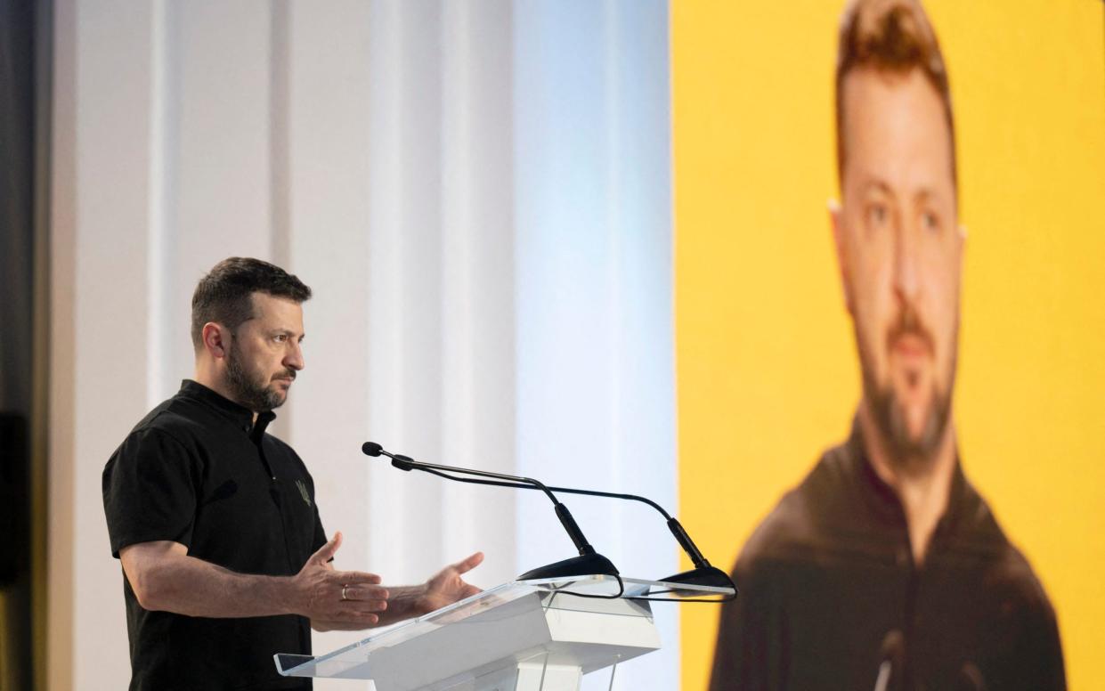 Ukrainian president Volodymyr Zelensky delivers a speech during the National Prayer Breakfast in Kyiv on June 29