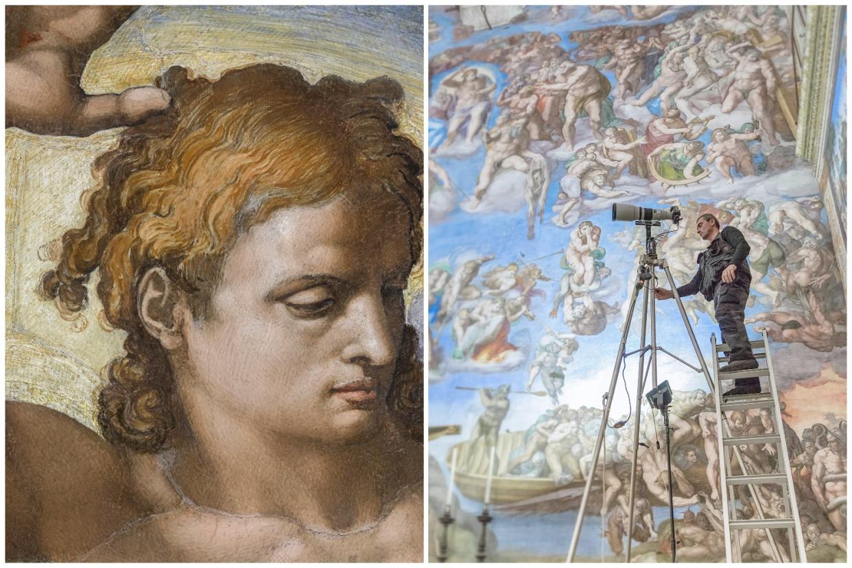 <p>Detail from The Last Judgement by Michelangelo, and one of many photographers in the Sistine Chapel</p> (© Musei Vaticani )