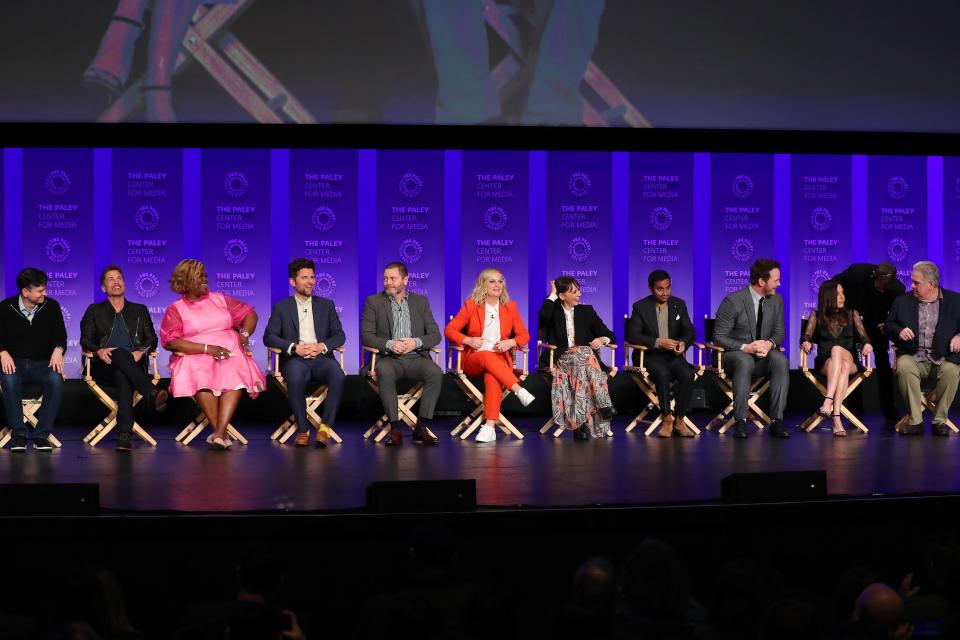 Michael Shur, Rob Lowe, Retta, Adam Scott, Nick Offerman, Amy Poehler, Rashida Jones, Aziz Ansari, Chris Pratt, Aubrey Plaza, and Jim O'Heir on stage at the &ldquo;Parks And Recreation'&rdquo; 10-year reunion. (Photo: Jean Baptiste Lacroix via Getty Images)