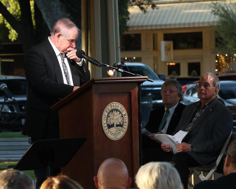 Gere Sibbach shares memories of his friendship with Steve Martin, which began in high school, during a memorial for the late Paso Robles mayor at the Downtown City Park on Sept. 27, 2023. John Hamon and Tom O’Malley are at right.