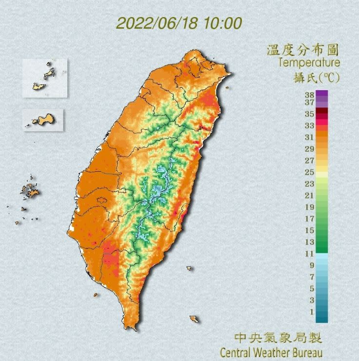 高溫節節攀升，大台北宜花等縣市迎午後雷雨。（圖／氣象局）