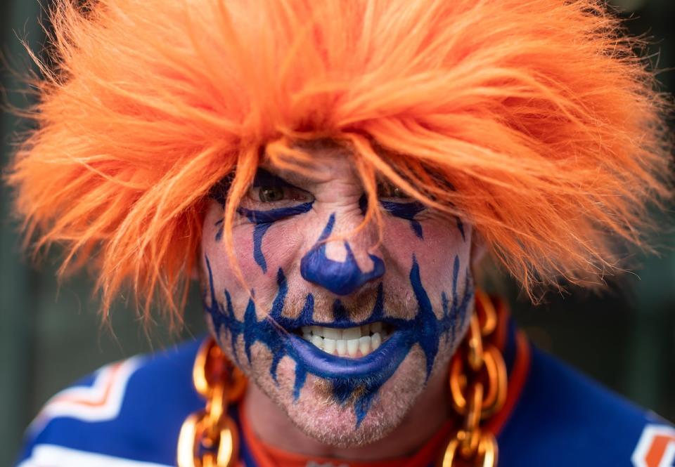 Lane Gross shows his support for the Oilers as the Florida Panthers take on the Edmonton Oilers in game 6 of the NHL Stanley Cup finals in Edmonton, Friday, June 21, 2024.