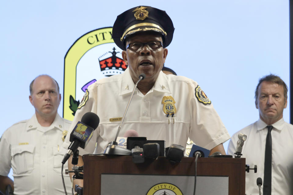 FILE - Annapolis Police Chief Edward Jackson speaks at a news conference on Monday, June 12, 2023, following a fatal shooting in Annapolis, Md. Police said a man has been charged with shooting six people, several fatally, in a dispute in his neighborhood in the state's capital city. A man has been charged with hate crimes in the shooting deaths of three people last month in Maryland's capital city the state capital after a dispute over parking that also resulted in three people being wounded. (AP Photo/Brian Witte, File)