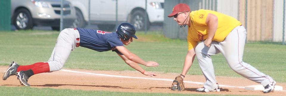 Dewey Seminole first baseman Riley Allen, right, tags out a baserunner during American Legion baseball play sometime between 2008 to 2010. Allen went on to be a NCCAA All-American pitcher. He is the new Dewey High School head baseball coach.