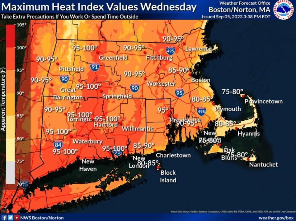 The National Weather Service issued a heat advisory for parts of Rhode Island on Wednesday, saying the heat index, a combination of heat and humidity, was expected to climb into the 90s in three counties.