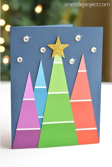 <p>If you want your holiday card to be colorful and vibrant, these trees made out of paint chips are a super simple way to achieve it. </p><p><em><a href="http://onelittleproject.com/paint-chip-christmas-cards/" rel="nofollow noopener" target="_blank" data-ylk="slk:Get the tutorial at One Little Project »;elm:context_link;itc:0;sec:content-canvas" class="link ">Get the tutorial at One Little Project »</a></em> </p>