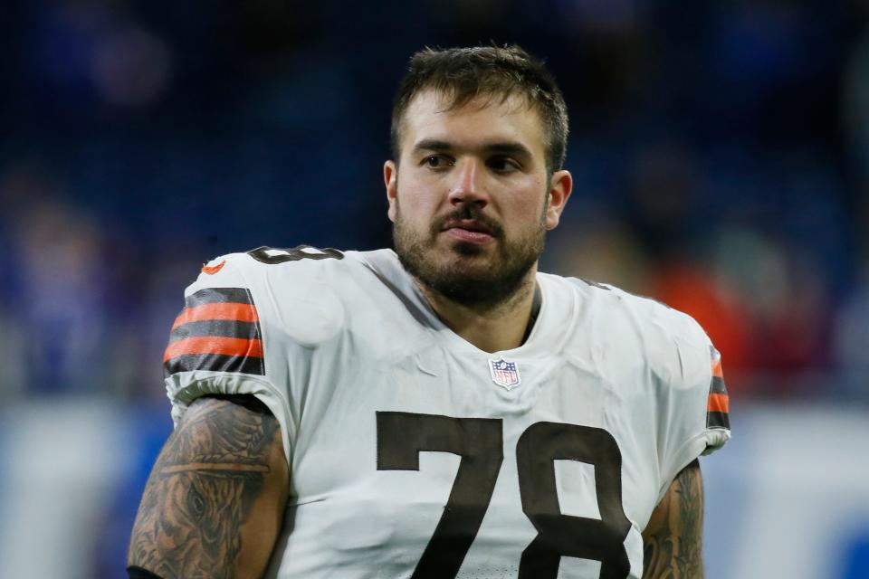 FILE - Cleveland Browns offensive tackle Jack Conklin (78) following an NFL football game against the Buffalo Bills, Sunday, Nov. 20, 2022, in Detroit. Conklin has agreed to a four-year, $60 million contract extension to stay with the Cleveland Browns, a person familiar with the deal told the Associated Press on Thursday, Dec. 22, 2022. (AP Photo/Duane Burleson, File)