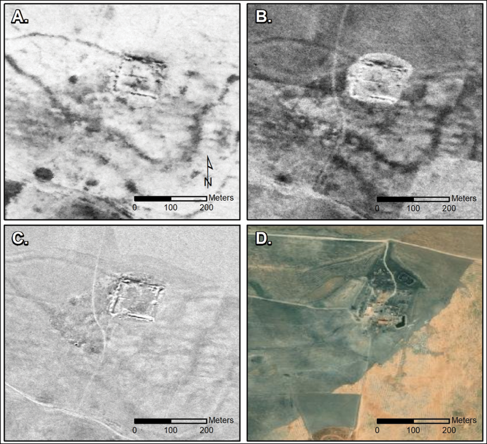 The Castellum at Tell Brak site in Syria as seen in 1967 (A), 1968 (B), 1974 (C) and today (D).