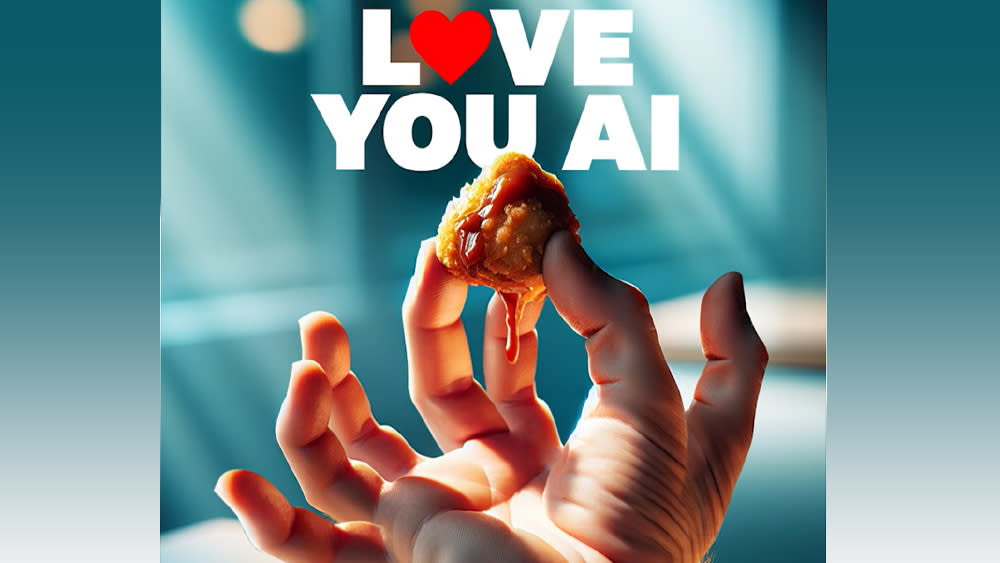  An AI-generated image of a hand with lots of fingers and a chicken nugget. Text reads 'love you AI'. 