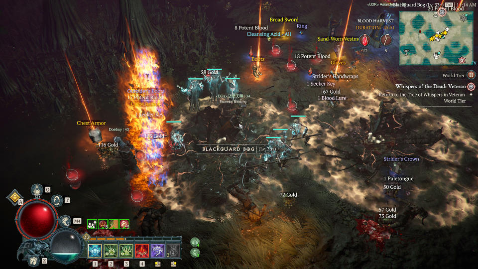 Diablo 4 screen with tons of glowing loot on the ground