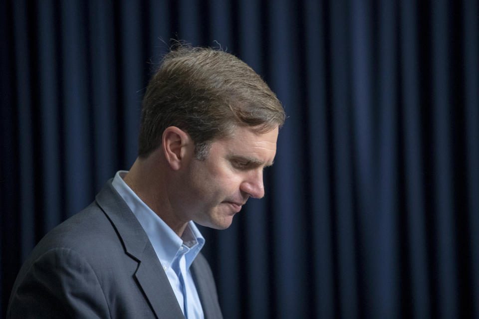 Kentucky Gov. Andy Beshear speaks during a media briefing about the COVID-19 pandemic at the state Capitol in Frankfort, Ky., on Monday, Aug. 23, 2021. (Ryan C. Hermens/Lexington Herald-Leader via AP)