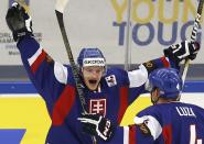 Slovakia's David Griger (L) and Patrik Luza celebrate a goal against Germany during the first period of their IIHF World Junior Championship ice hockey game in Malmo, December 27, 2013. REUTERS/Alexander Demianchuk (SWEDEN - Tags: SPORT ICE HOCKEY)