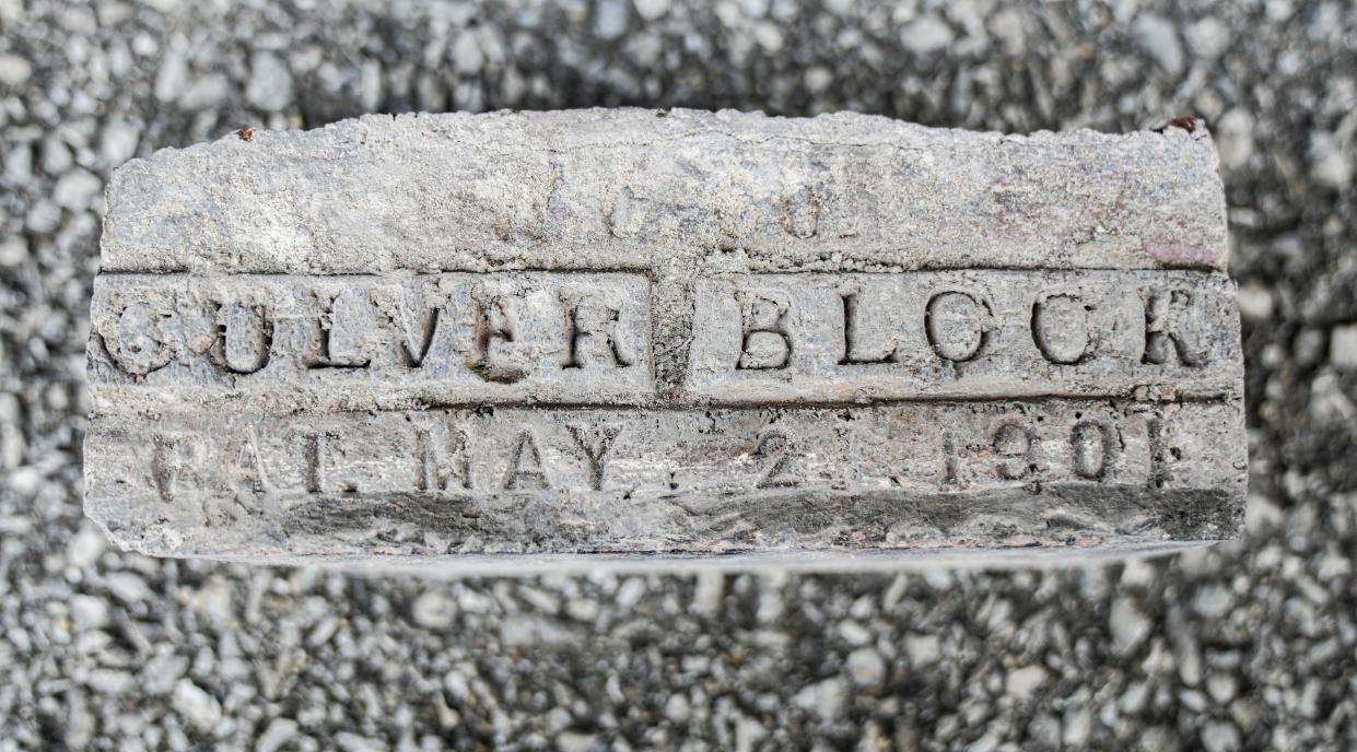 A brick from 1901 is stored near the track Thursday, April 18, 2024, at The Indianapolis Motor Speedway.