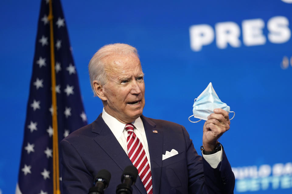 President-elect Joe Biden, accompanied by Vice President-elect Kamala Harris, speaks about economic recovery at The Queen theater, Monday, Nov. 16, 2020, in Wilmington, Del. (AP Photo/Andrew Harnik)