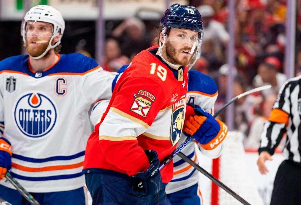 Florida Panthers left wing Matthew Tkachuk (19) looks on after a play against the Edmonton Oilers in the third period of Game 2 of the NHL Stanley Cup Finals at the Amerant Bank Arena on Monday, June 10, 2024, in Sunrise, Fla.