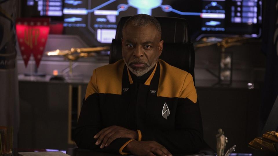 Commodore Geordi La Forge in his office at the Starfleet Museum in Star Trek: Picard.