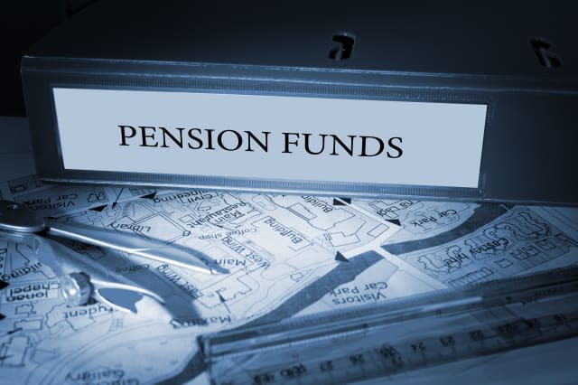 the word pension funds on blue...