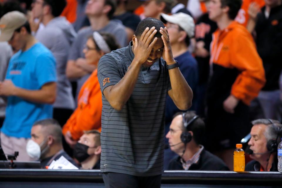 Oklahoma State coach Mike Boynton is shown here in Tuesday's loss to Kansas.