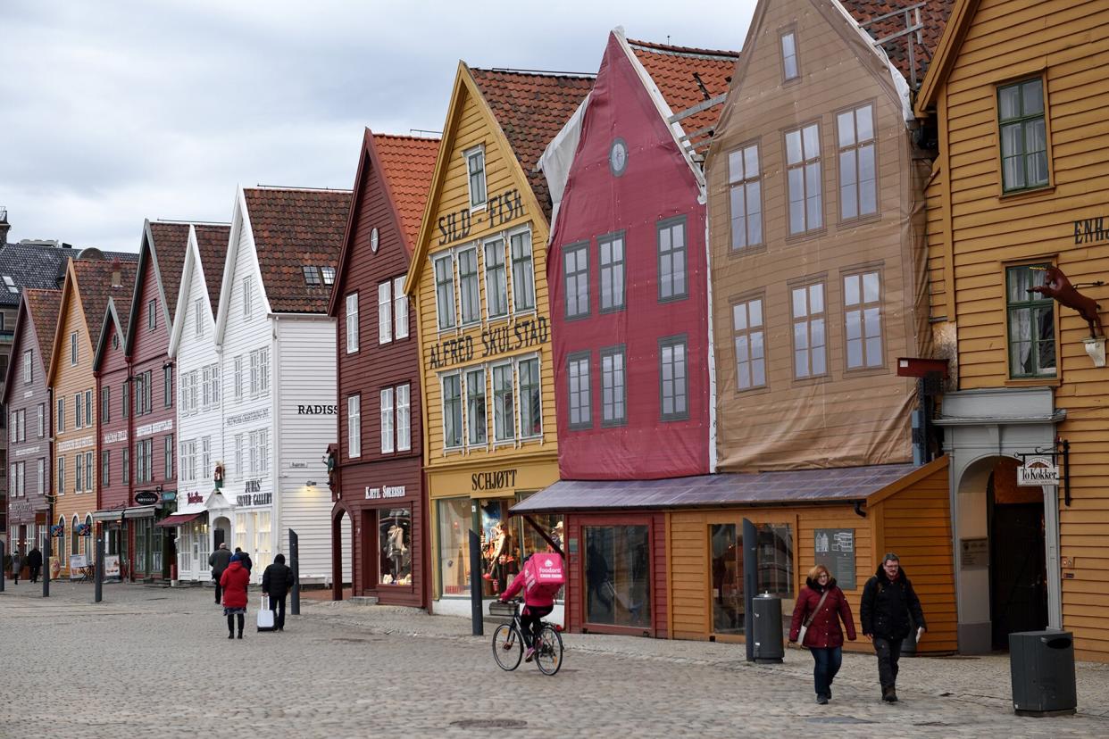 Bryggen, a series of Hanseatic commercial buildings lining the eastern side of the Vgen harbour in Bergen, Norway