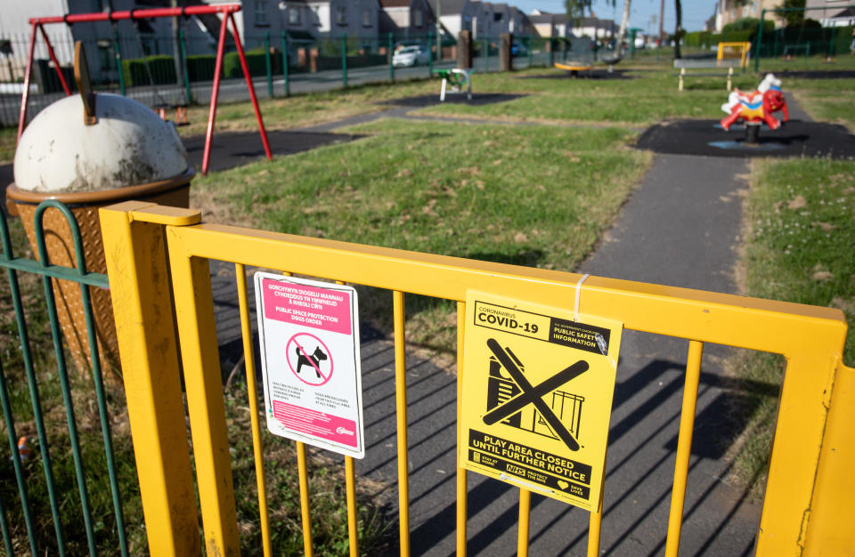 BLACKWOOD, WALES - MAY 28:  A general view of an entrance to a children's play area where restrictions on entrance remains enforce since the start of the pandemicon May 28, 2020 in Blackwood, Wales, United Kingdom. The British government continues to ease the coronavirus lockdown by announcing schools will open to reception year pupils plus years one and six from June 1st. Open-air markets and car showrooms can also open from the same date.  (Photo by Huw Fairclough/Getty Images)