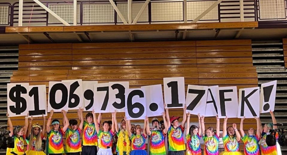 Bloomington South Dance Marathon participants show the total amount of money raised during their 2023 efforts.