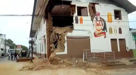 A damaged building is seen after an earthquake in Yurimaguas, Peru in this still image taken from video on May 26, 2019. AMERICA TV/ReutersTV via REUTERS