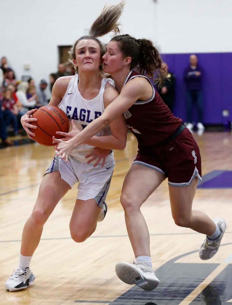 Fair Grove's Brooke Daniels drives to the basket against visiting Strafford on February 15, 2024.