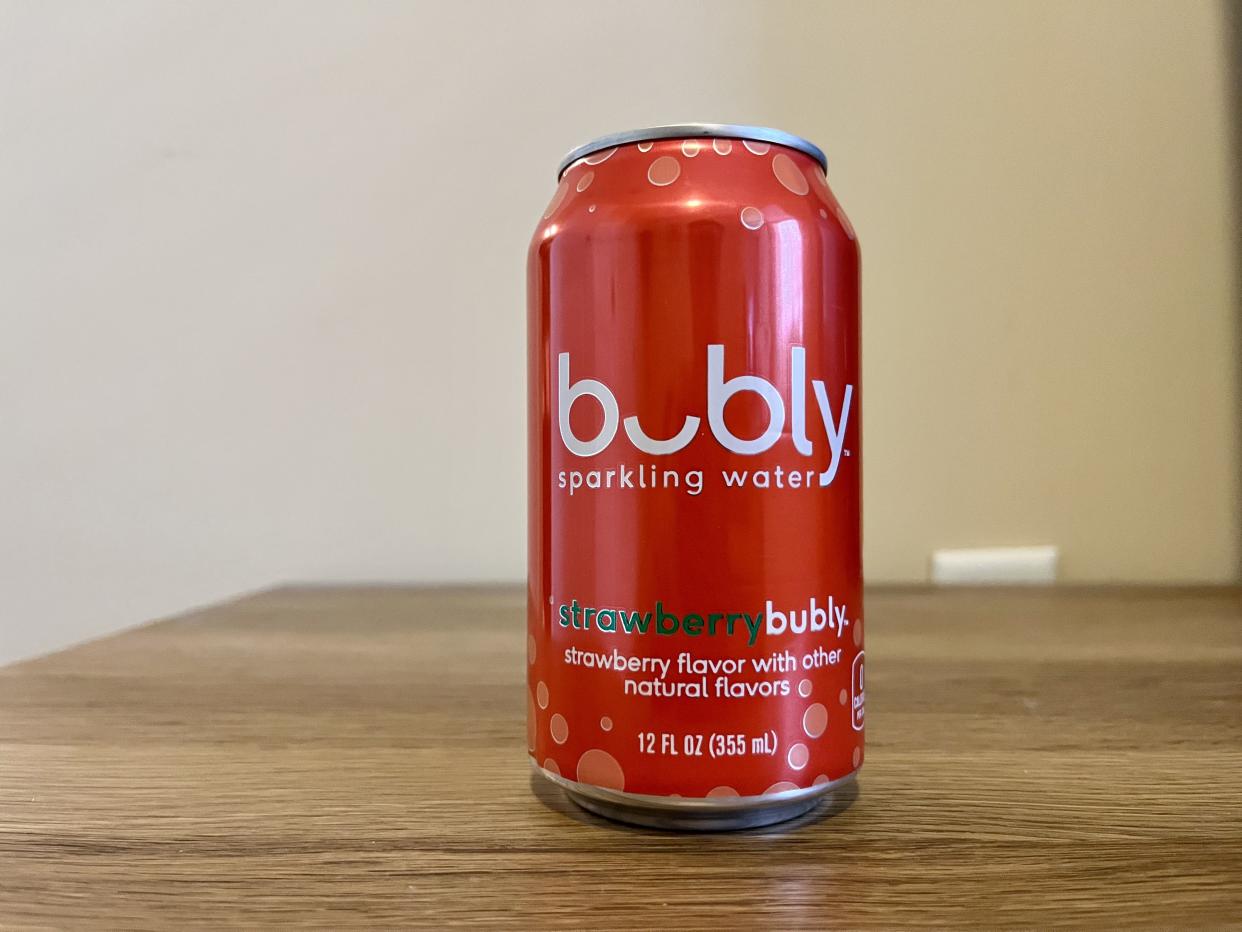 a can of strawberry bubly sparkling water