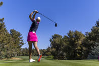Anna Nordqvist drives the ball down the 10th fairway during the first day of the LPGA T-Mobile Match Play golf tournament at Shadow Creek on Wednesday, April 3, 2024, in North Las Vegas, Nev. (L.E. Baskow/Las Vegas Review-Journal via AP)