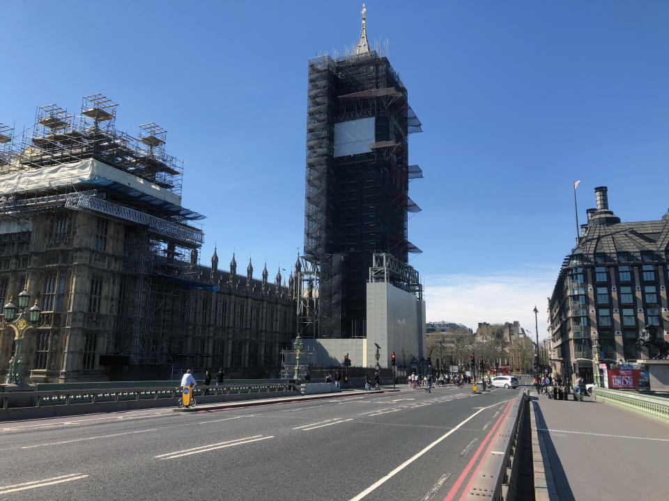  A general view of Big Ben from Westminster Bridge during the Corona virus pandemic. Boris Johnson, announced strict lockdown measures urging people to stay at home and only leave the house for basic food shopping, exercise once a day and essential travel to and from work. Around 50,000 reported cases of the coronavirus (COVID-19) in the United Kingdom and 5,000 deaths. The country is in its third week of lockdown measures aimed at slowing the spread of the virus. (Photo by Rahman Hassani / SOPA Images/Sipa USA) 