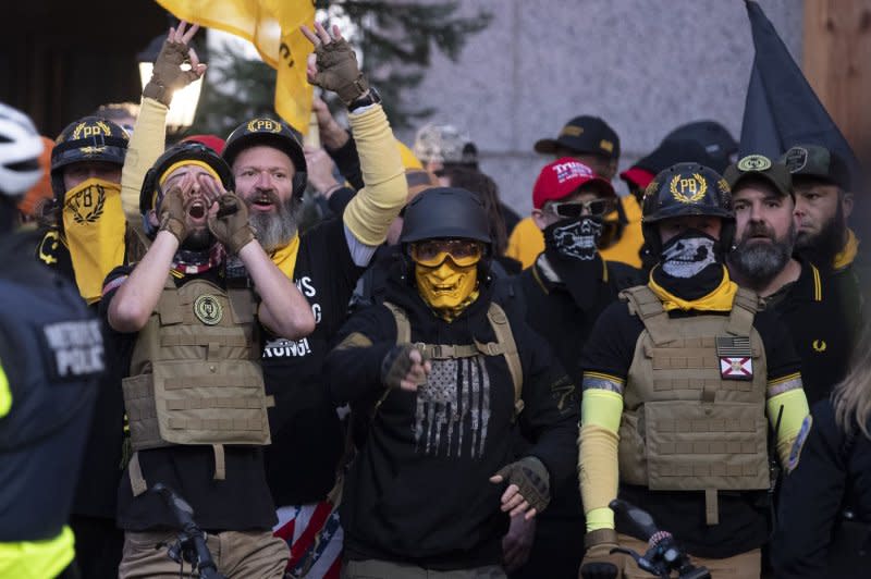 President Trump's "Proud Boys" supporters yell at counter-protesters at a pro-Trump rally in Washington, DC, Dec. 12, 2020. Ex-Proud Boys leader Enrique Tarrio and Proud Boy Ethan Nordean face sentencing Wednesday for seditious conspiracy and other felonies. Photo by Kevin Dietsch/UPI