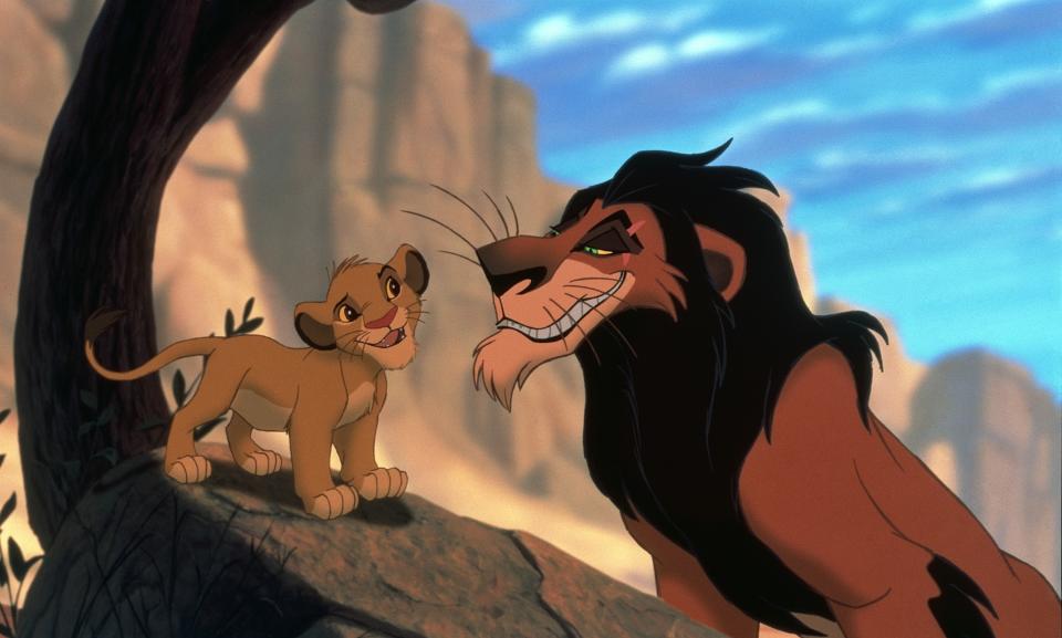 Simba and Scar from The Lion King stand on a cliff, looking at each other