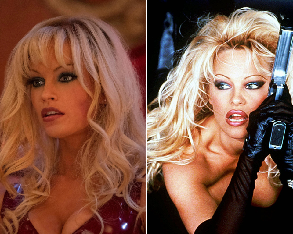 Actress Lily James, far left, in character as bombshell actress Pamela Anderson, right.