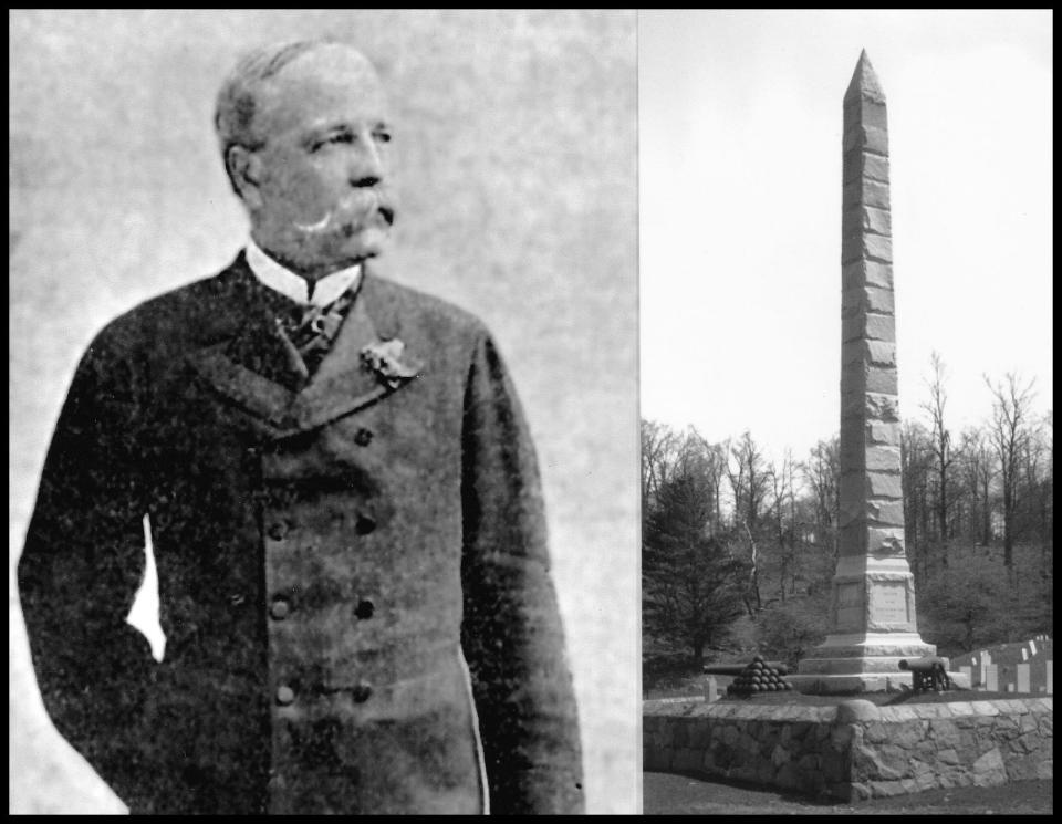 On Nov. 12, 1896, the state erected this monument at the Herkimer Home Historic Site in the town of Danube, near Little Falls in Herkimer County. It marked the final resting place of Gen. Nicholas Herkimer, who commanded the American militiamen at the Battle of Oriskany in August 1777 during the Revolutionary War. The main speaker at the Masonic dedication ceremonies for the 60-foot-high granite monument was retired Maj. Gen. Daniel Butterfield (on the left), who earned the Medal of Honor during the Civil War. The Utica native is best known today for co-composing the bugle call “Taps.” Herkimer was a Mason having joined the St. Patrick’s Lodge in Johnstown in 1768. Butterfield said at the dedication, “The blood of the brave General Herkimer and the patriots he commanded at the Battle of Oriskany was not shed in vain.”