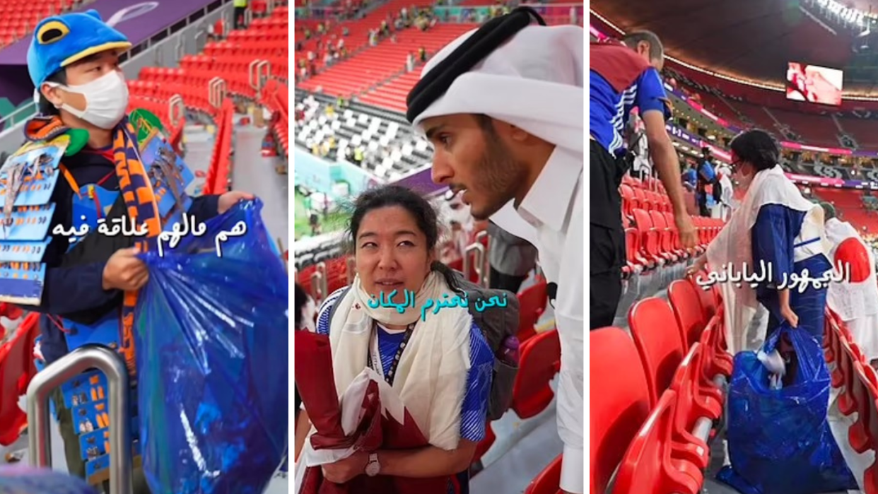 Japanese fans pick up trash after the World Cup opener at the Al Bayt Stadium in Qatar.