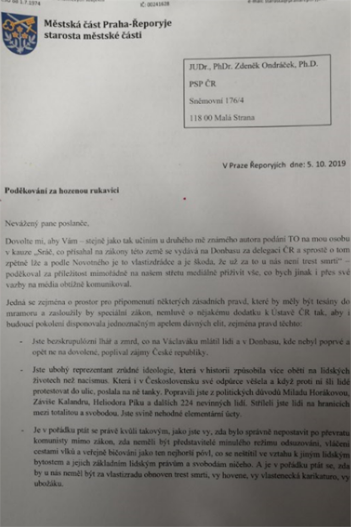 布拉格Řeporyje 區長發布公開信要王毅道歉。（圖／翻攝自Pavel Novotny推特）