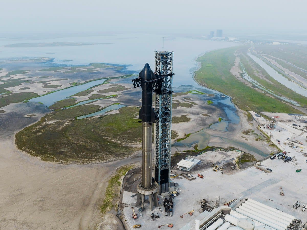 SpaceX’s first orbital Starship stacked atop its massive Super Heavy Booster at the company’s Starbase facility near Boca Chica Village in South Texas (SpaceX)