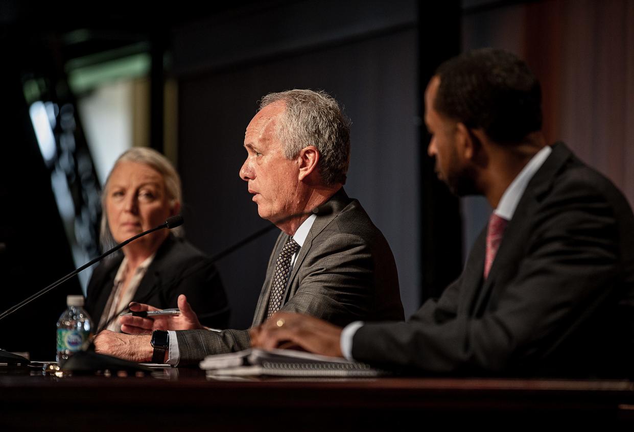 Before releasing the final budget proposal of his administration, Louisville Mayor Greg Fischer (center), Chief Financial Officer Monica Harmon (left) and Budget Director Aaron Jackson (right) took questions from the media during a budget briefing on Thursday, April 28.