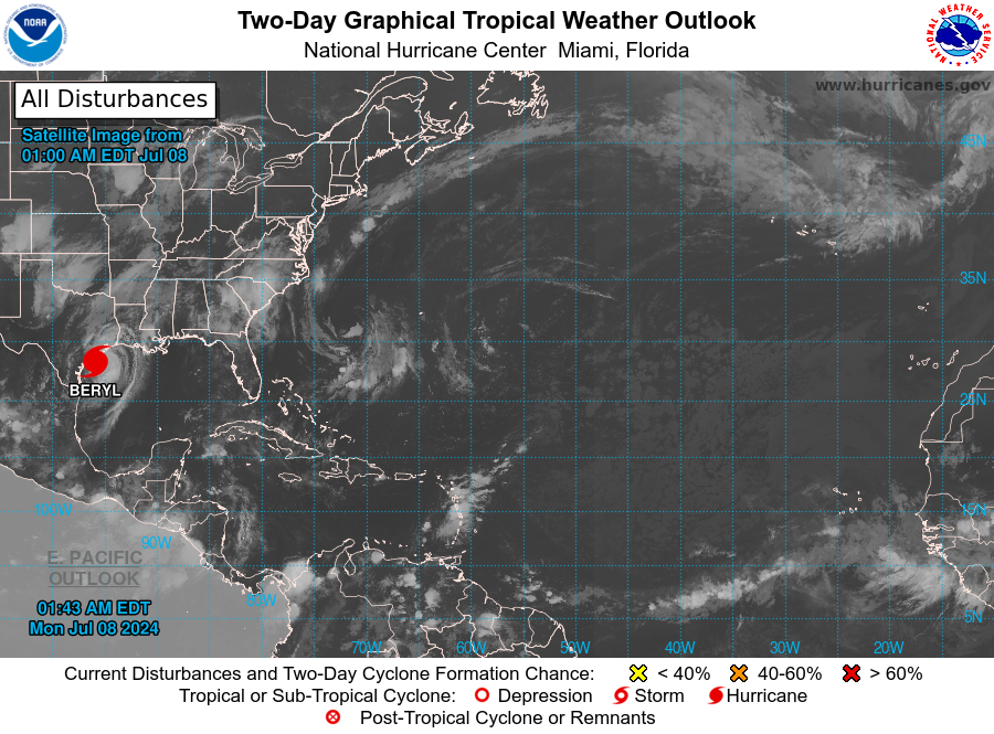 颶風貝羅(Beryl)逐漸增強、並逼近休士頓附近的德州沿岸。(圖：US National Hurricane Center)