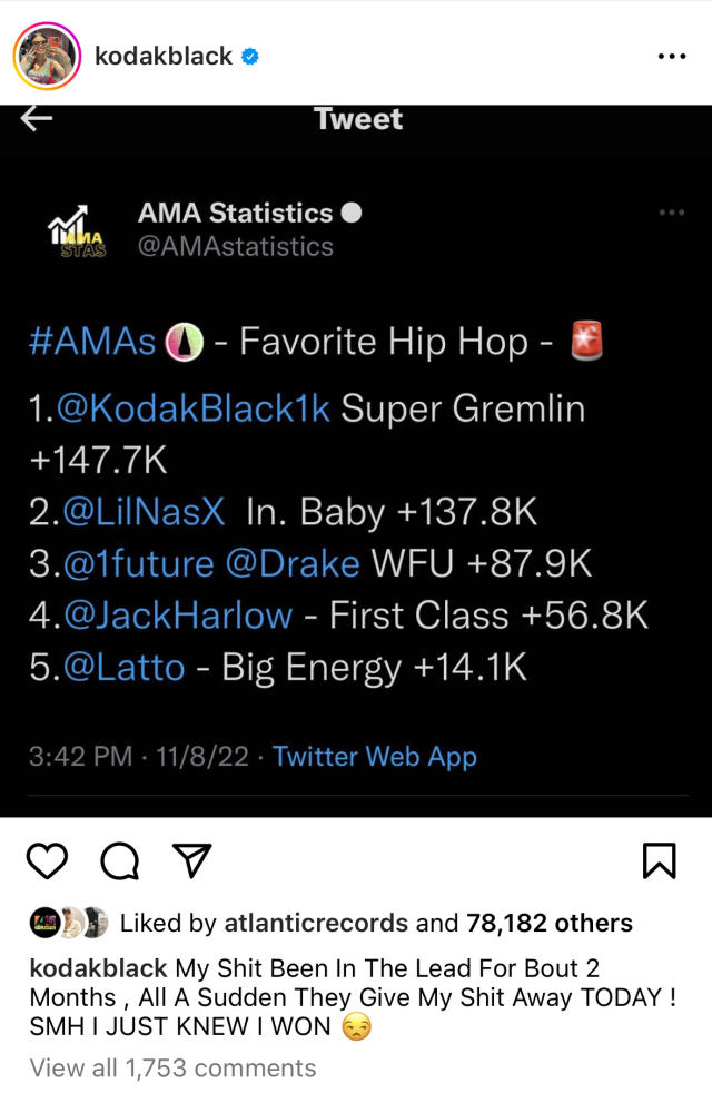 Kodak Black Isn't Happy About Losing This American Music Awards