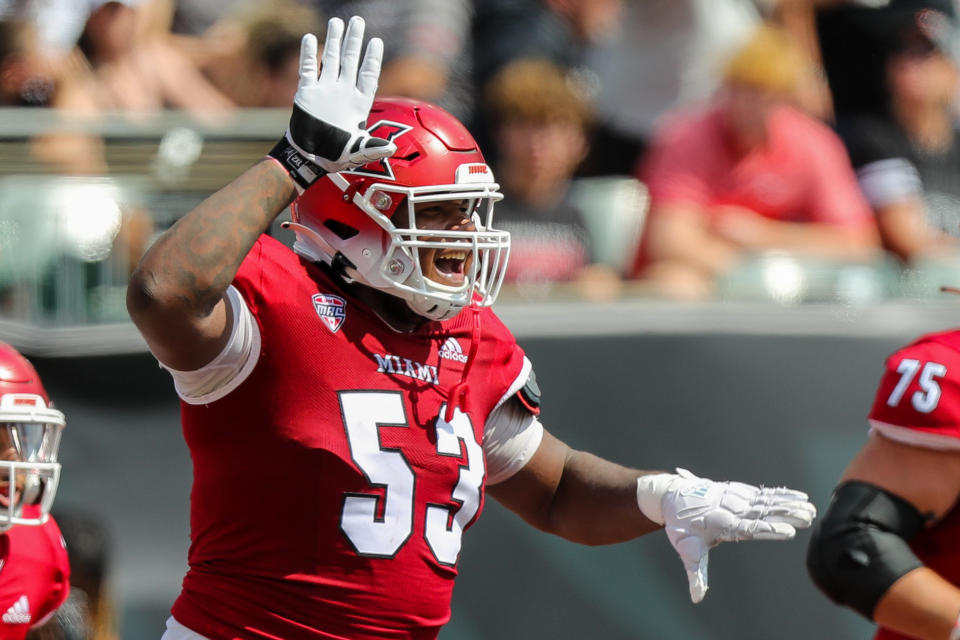 Sept. 17, 2022; Cincinnati, Ohio; Miami Redhawks offensive lineman Caleb Shaffer (53) celebrates after a touchdown against the Cincinnati Bearcats in the first half at Paycor Stadium. Katie Stratman-USA TODAY Sports