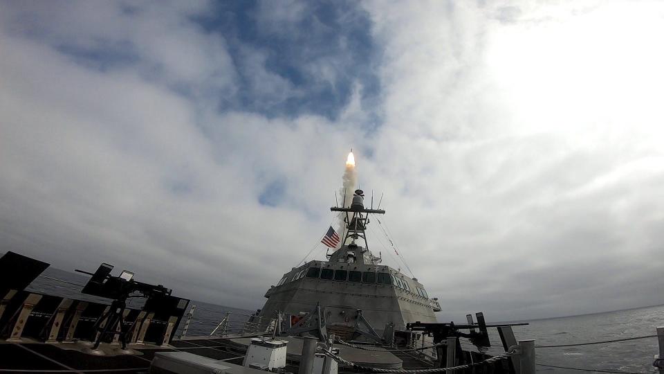 US Navy warship USS Savannah fires an SM-6 missile