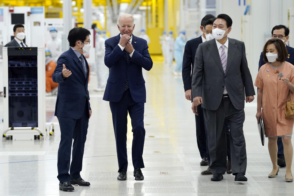 President Joe Biden and South Korean President Yoon Suk Yeol visit the Samsung Electronics Pyeongtaek campus, Friday, May 20, 2022, in Pyeongtaek, South Korea. (AP Photo/Evan Vucci)