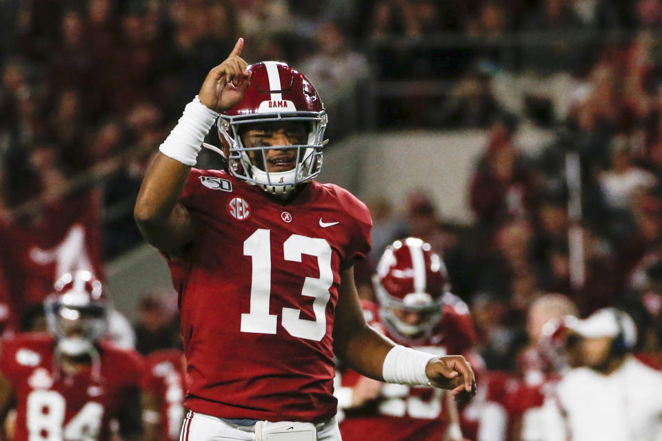 Tua Tagovailoa celebrates after an Alabama touchdown last season. (Butch Dill-USA TODAY Sports)